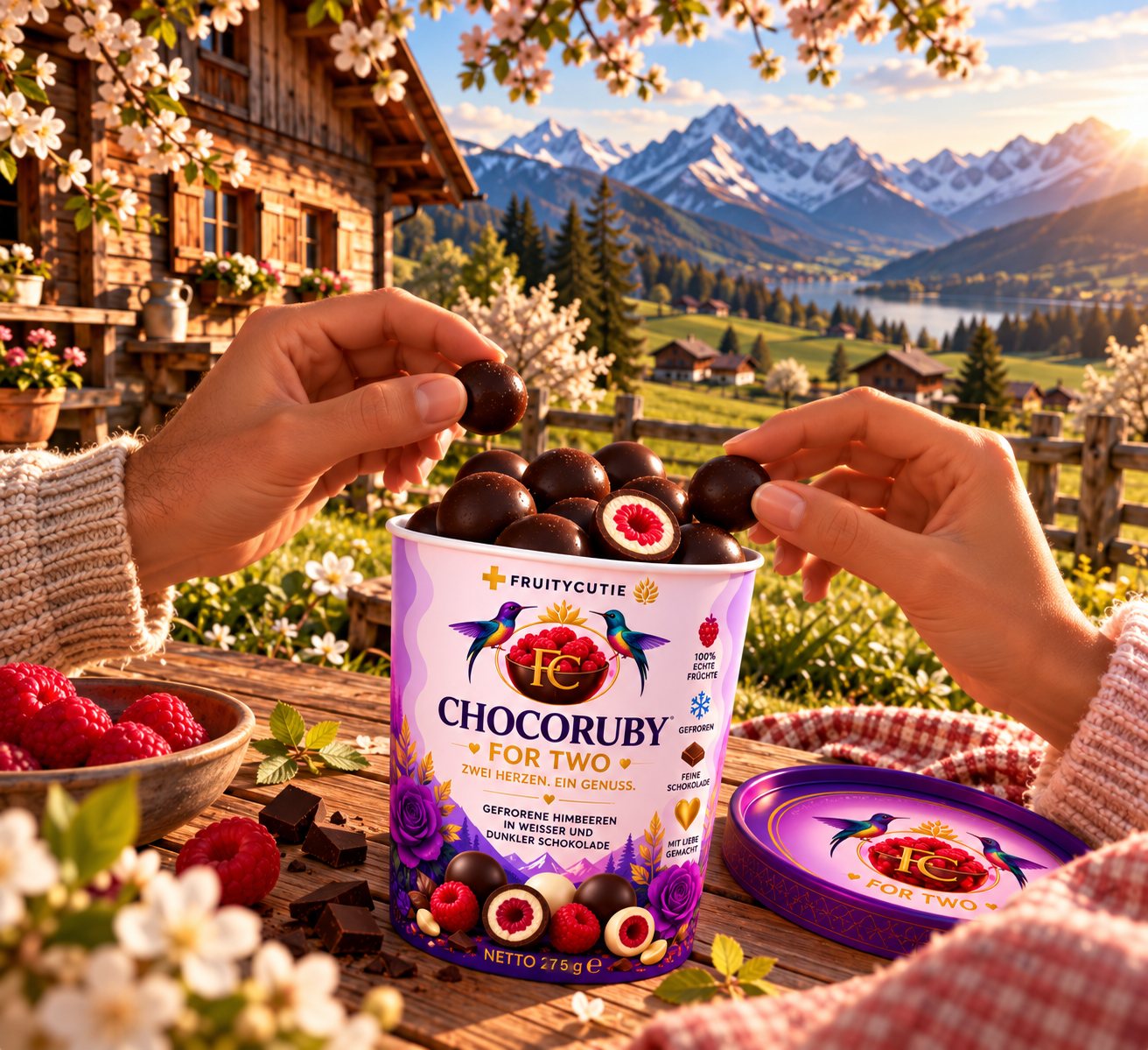 Zwei Hände greifen in einen CHOCORUBY FOR TWO Becher im Frühling vor einem Berghaus