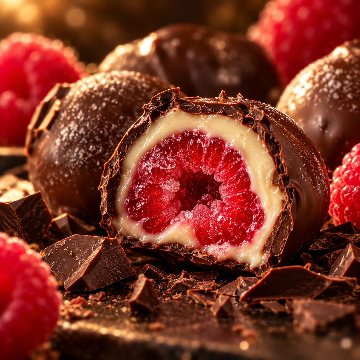Aufgeschnittene CHOCORUBY: Himbeere, weisse und dunkle Schokolade