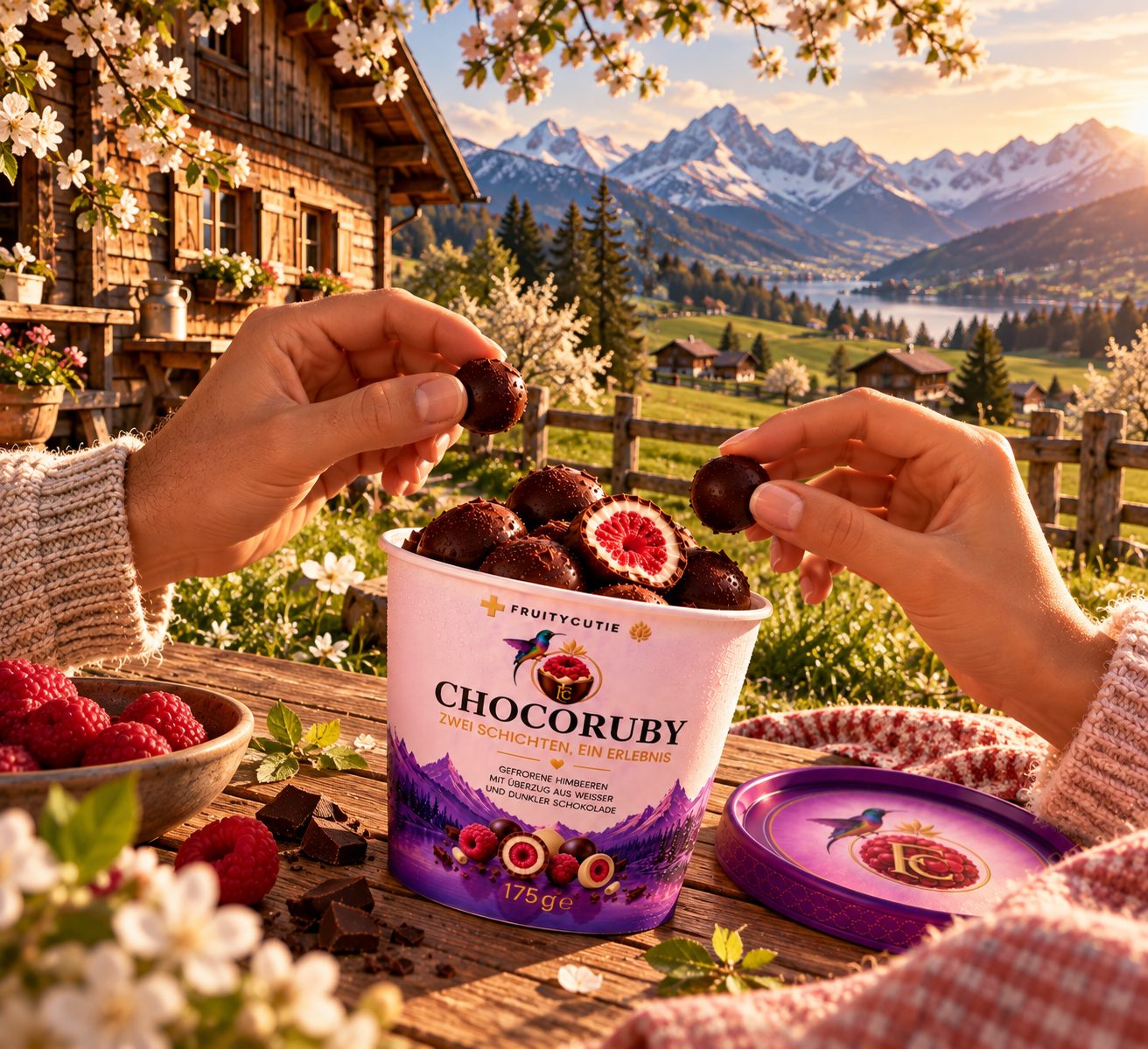 Ein CHOCORUBY Becher im Frühling vor einem Berghaus zwischen Blüten