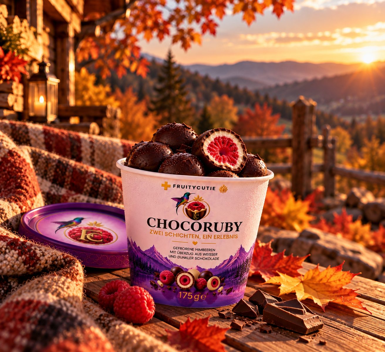 Ein CHOCORUBY Becher im Herbst in goldenem Licht