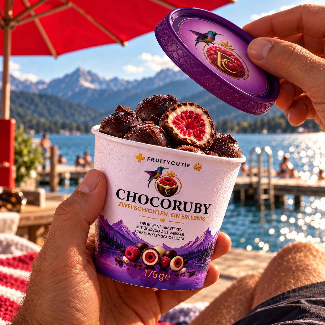 Ein CHOCORUBY Becher im Sommer am See