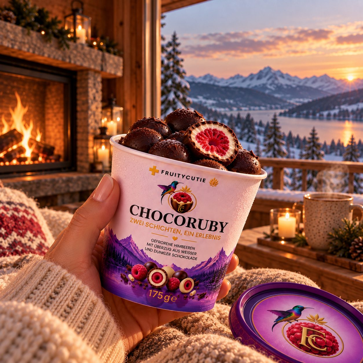 Ein CHOCORUBY Becher im Winter am Kaminfeuer in den Bergen
